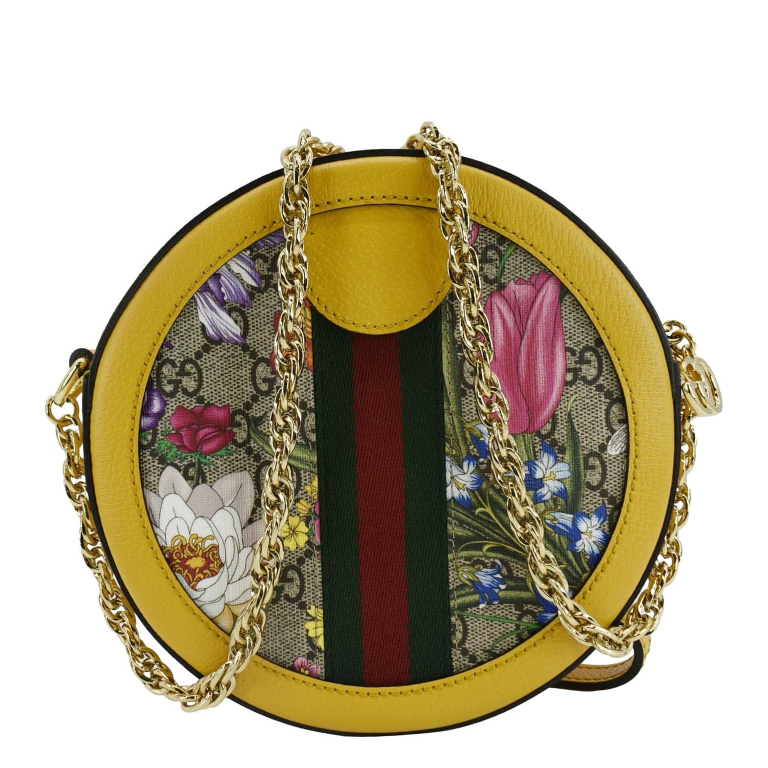 GUCCI Ophidia Mini Flora GG Round Supreme Monogram Web Crossbody Bag Yellow 550618