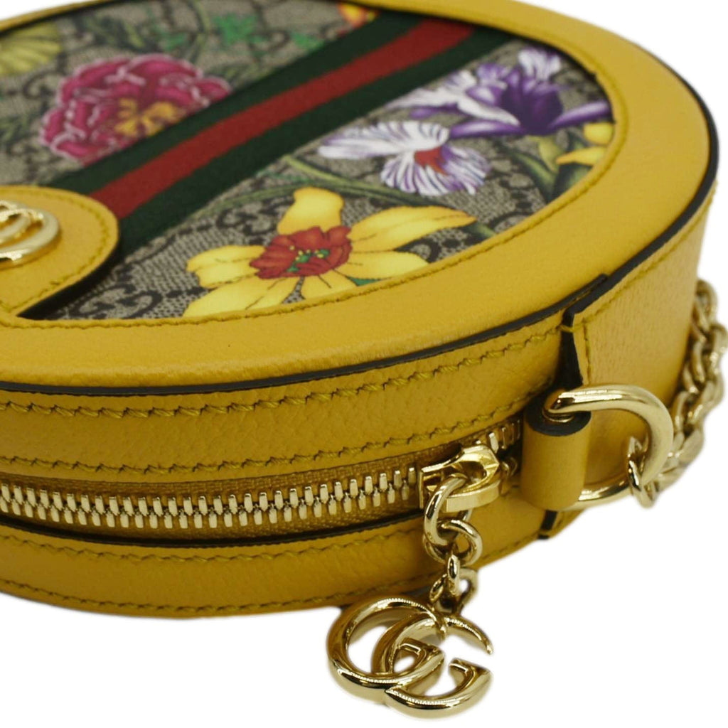 GUCCI Ophidia Mini Flora GG Round Supreme Monogram Web Crossbody Bag Yellow 550618