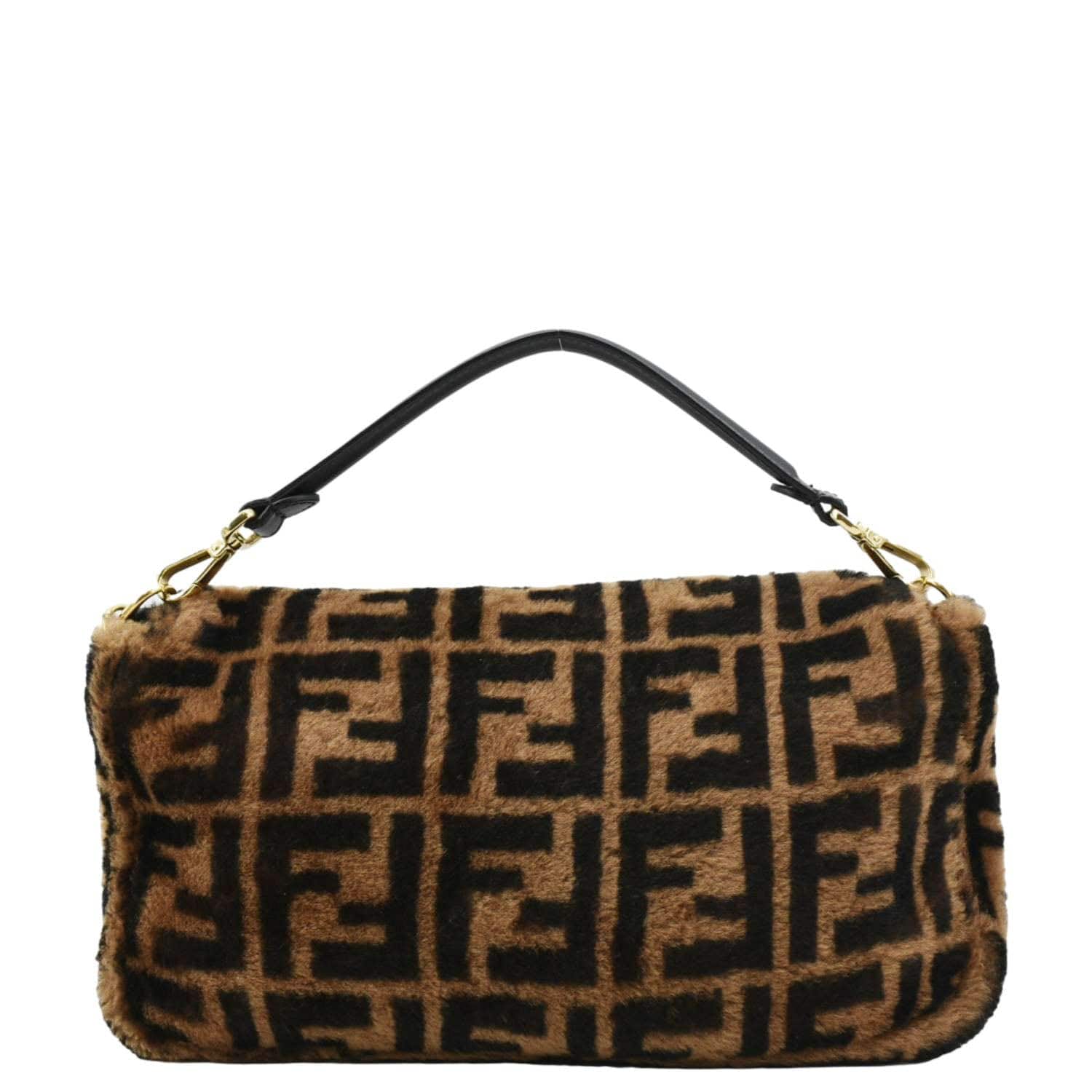 FENDI Baguette Medium FF Shearling Sheepskin Shoulder Bag Brown