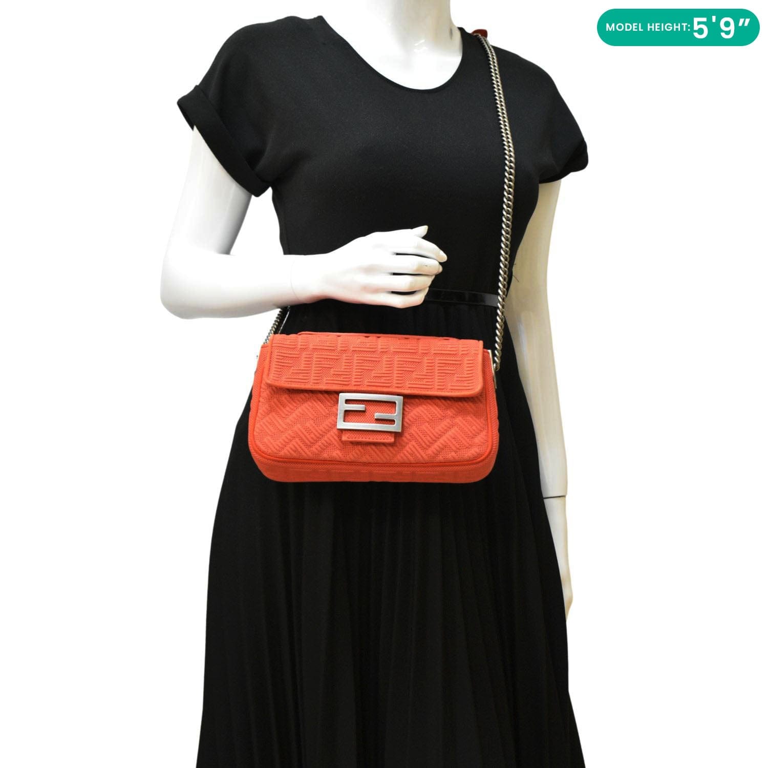 FENDI Baguette Technical Fabric FF Midi Chain Shoulder Bag Orange