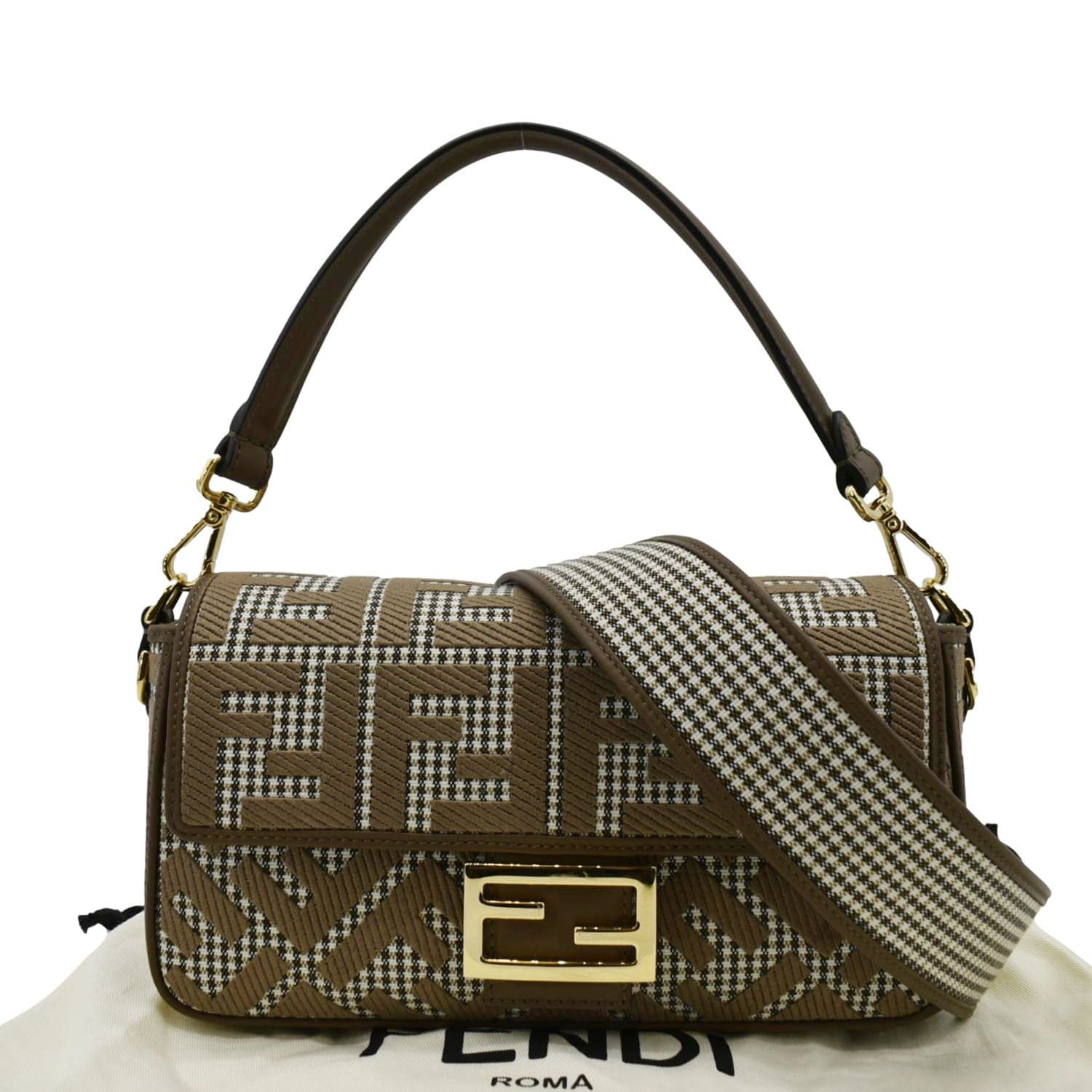 FENDI Houndstooth Baguette Zucca Wool Medium Shoulder Bag Olive