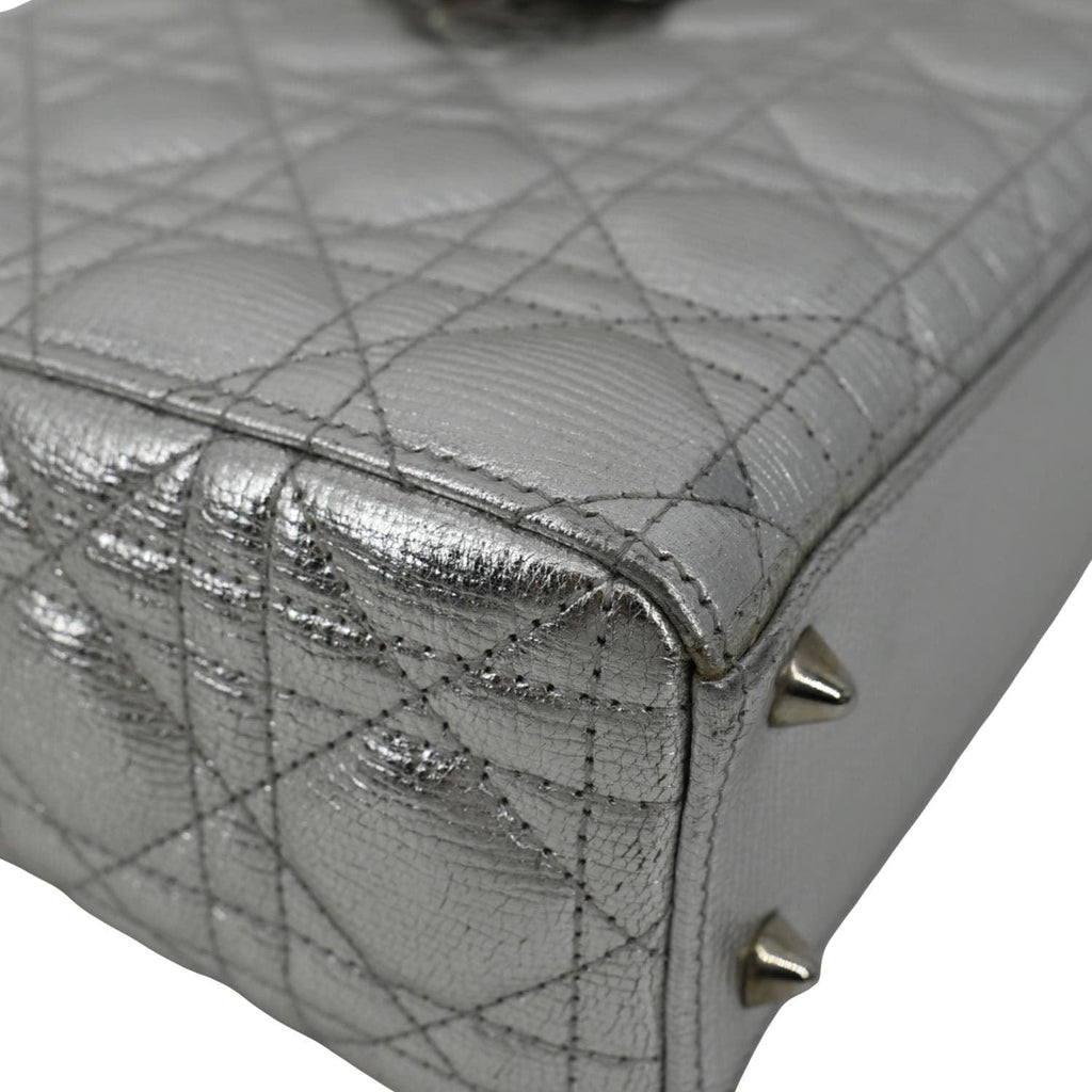 CHRISTIAN DIOR Lady Dior Lambskin Leather Shoulder Bag Metallic Silver