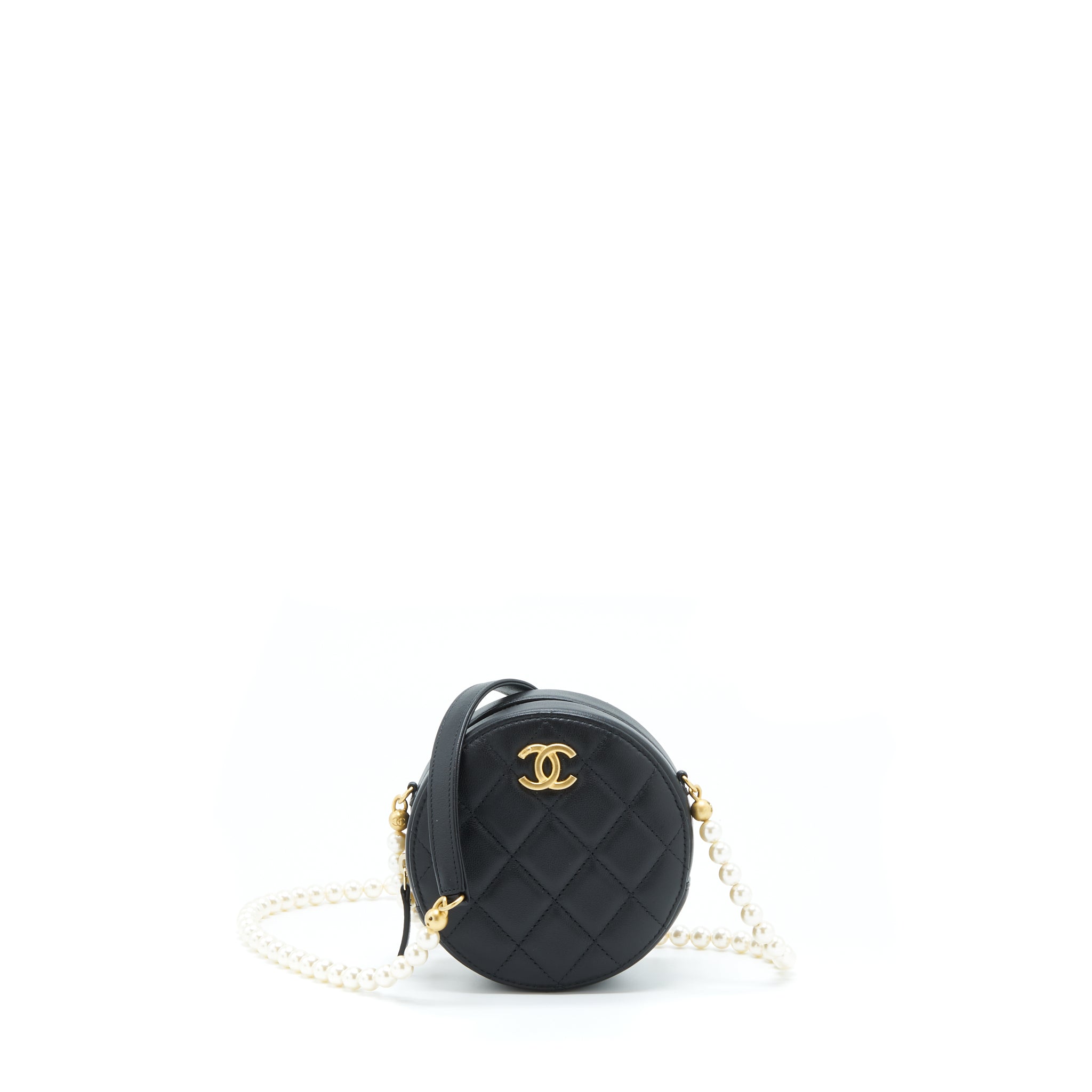 Chanel Pearl Round Clutch With Chain Calfskin Black