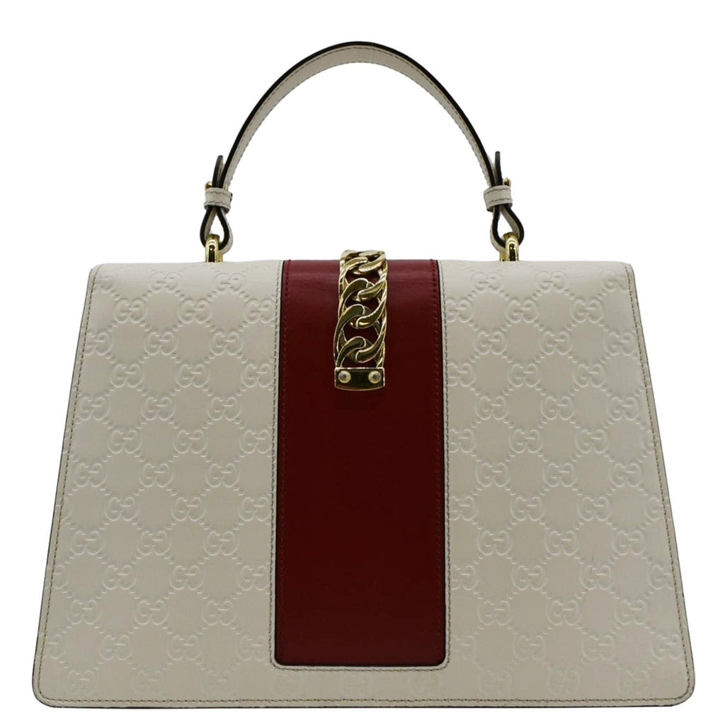 GUCCI Sylvie Medium GG Signature Leather Top Handle Shoulder Bag Off White 431665