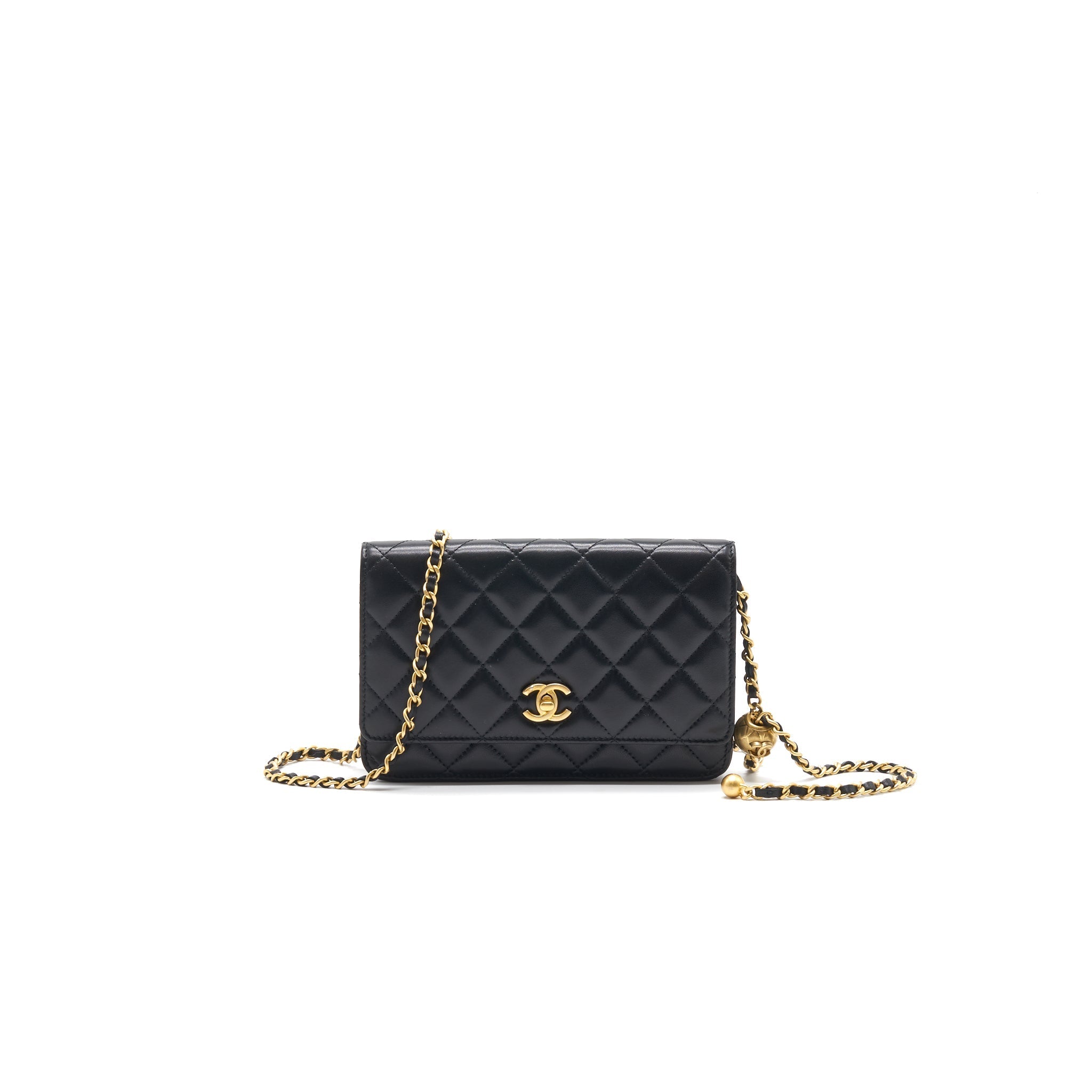 Chanel Lambskin Quilted CC Pearl Crush Wallet on Chain Black