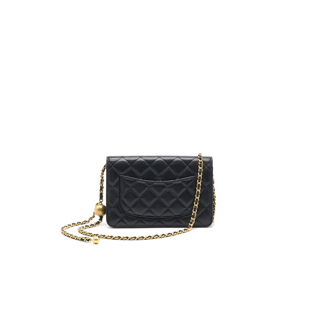 Chanel Lambskin Quilted CC Pearl Crush Wallet on Chain Black