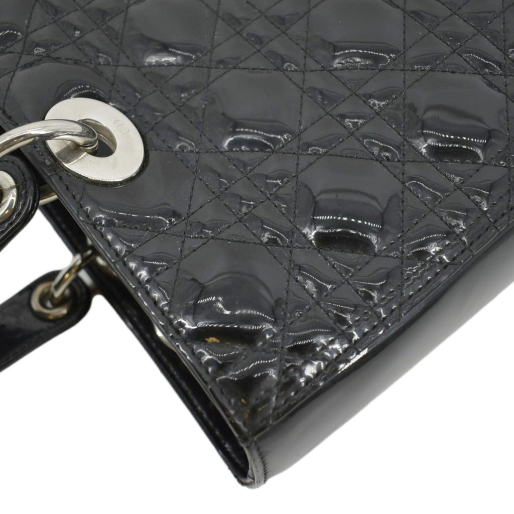 CHRISTIAN DIOR Lady Dior Large Quilted Patent Leather Shoulder Bag Black