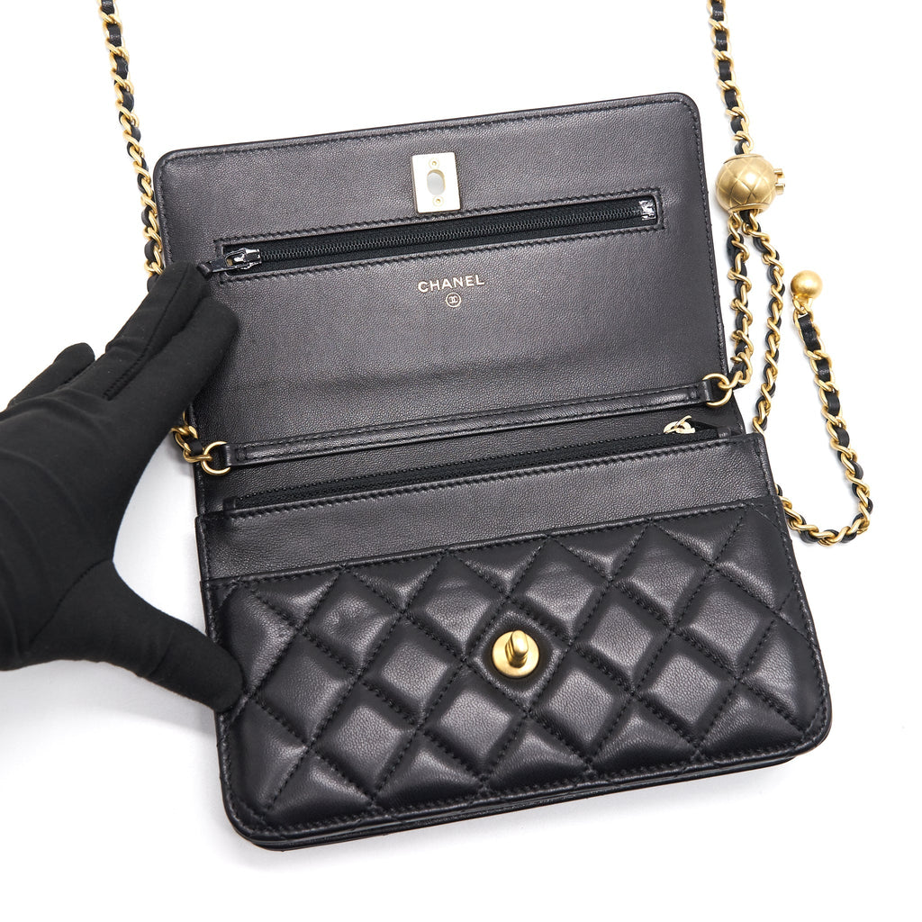 Chanel Lambskin Quilted CC Pearl Crush Wallet on Chain Black