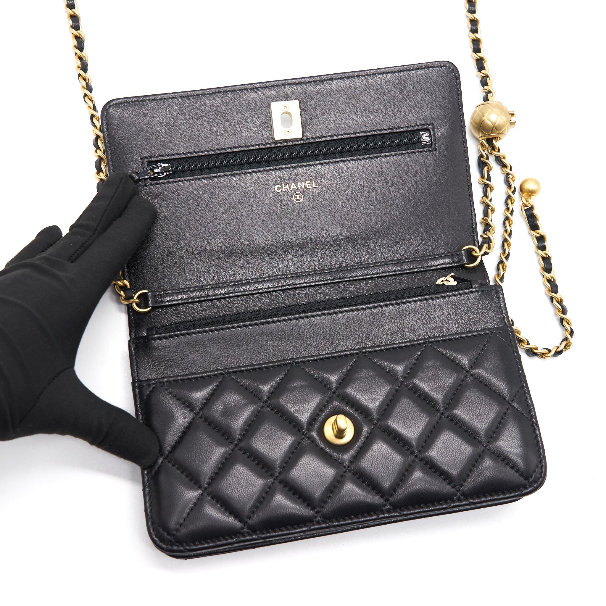 Chanel Lambskin Quilted CC Pearl Crush Wallet on Chain Black