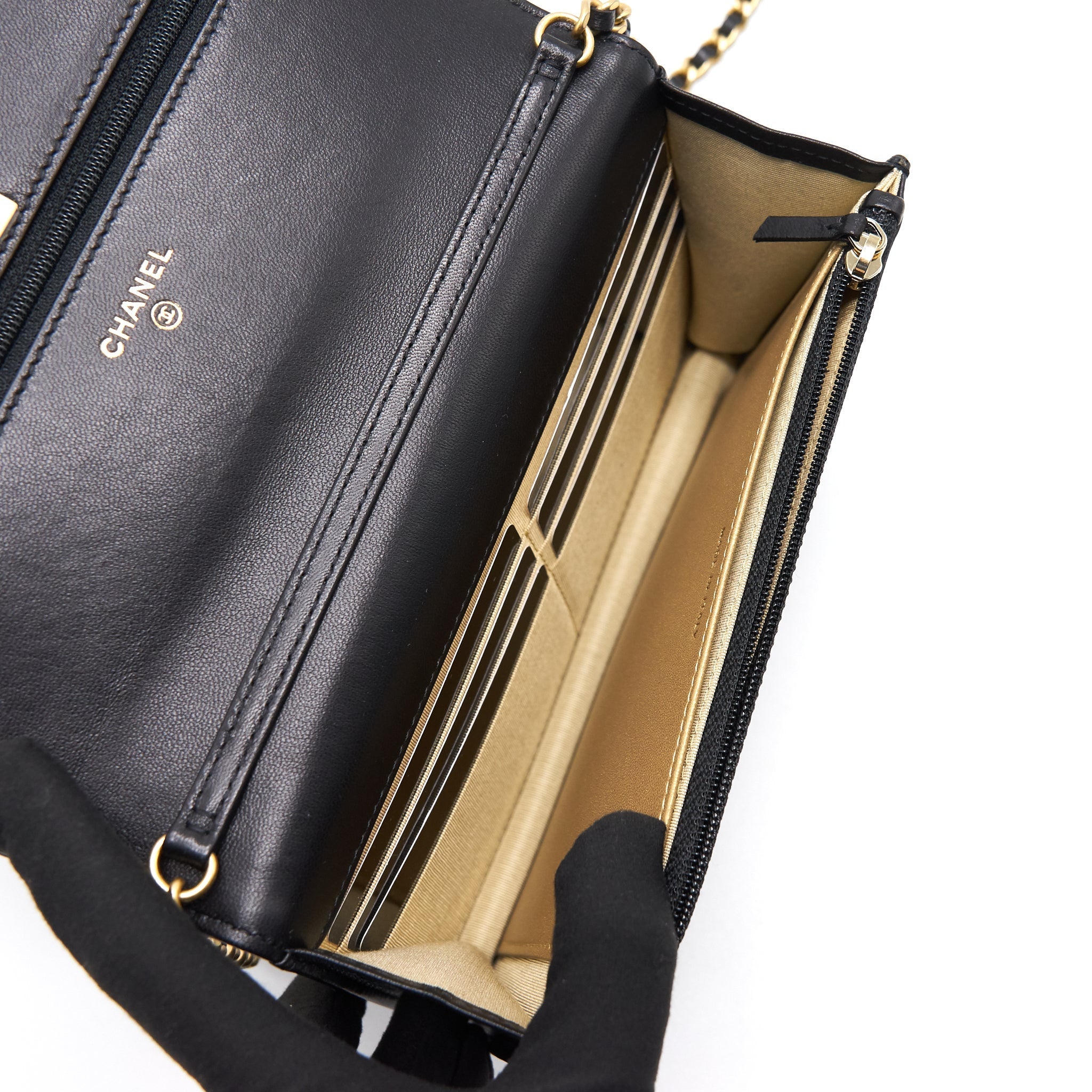 Chanel Lambskin Quilted CC Pearl Crush Wallet on Chain Black