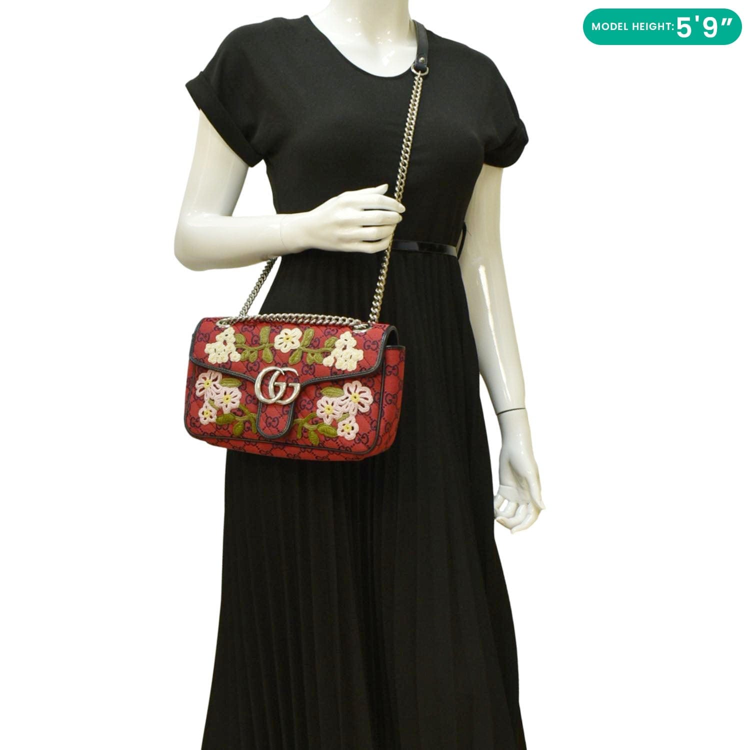 GUCCI GG Marmont Small Floral Embroidered Canvas Crossbody Bag Red 443497