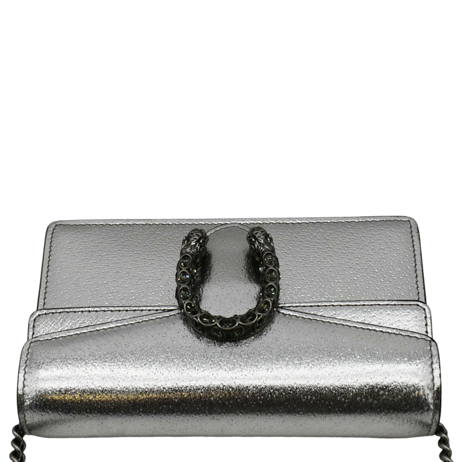 GUCCI Dionysus Super Mini Metallic Leather Crossbody Bag Silver 476432