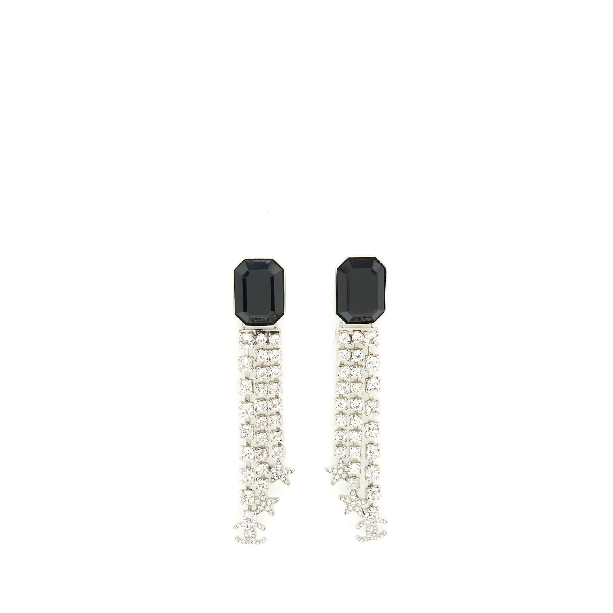Chanel Square With Crystal And Star Dropping Earrings Silver Tone