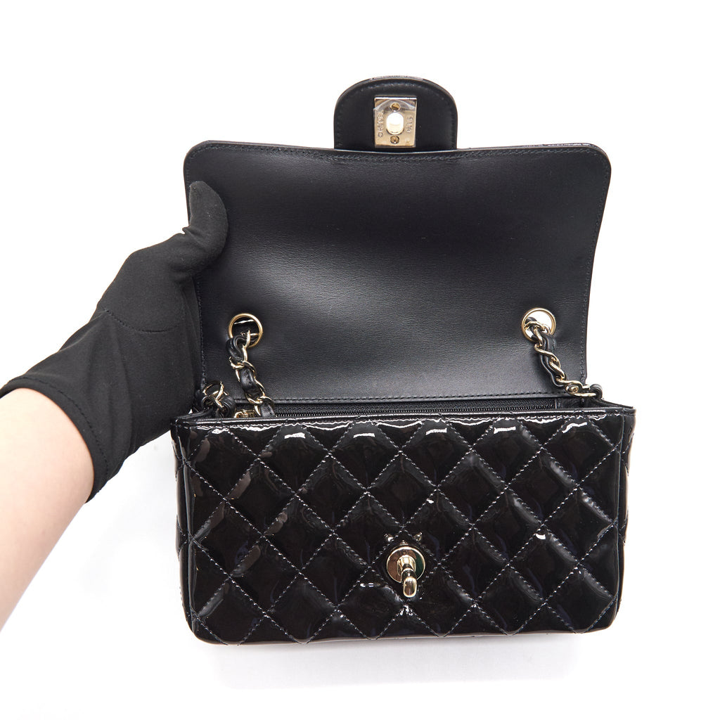 Chanel Mini Rectangular Flap Bag Patent Leather Black with L