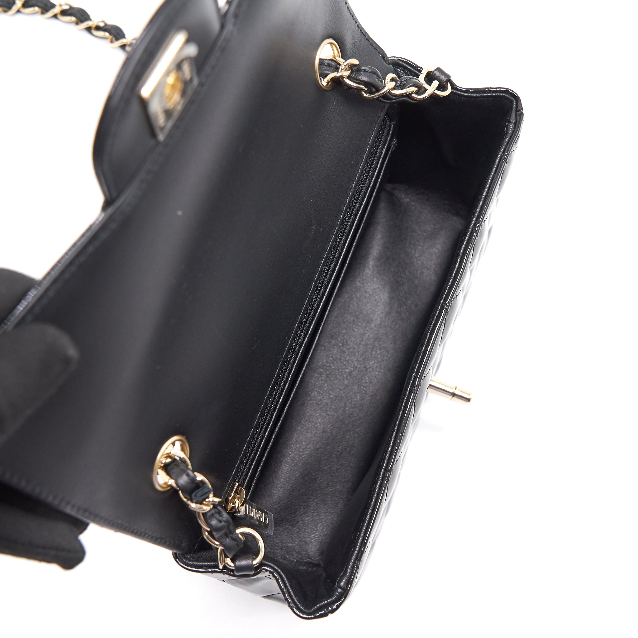 Chanel Mini Rectangular Flap Bag Patent Leather Black with L