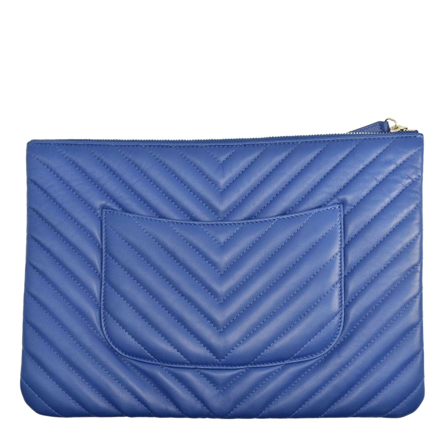 CHANEL O Case Chevron Leather Clutch Bag Blue