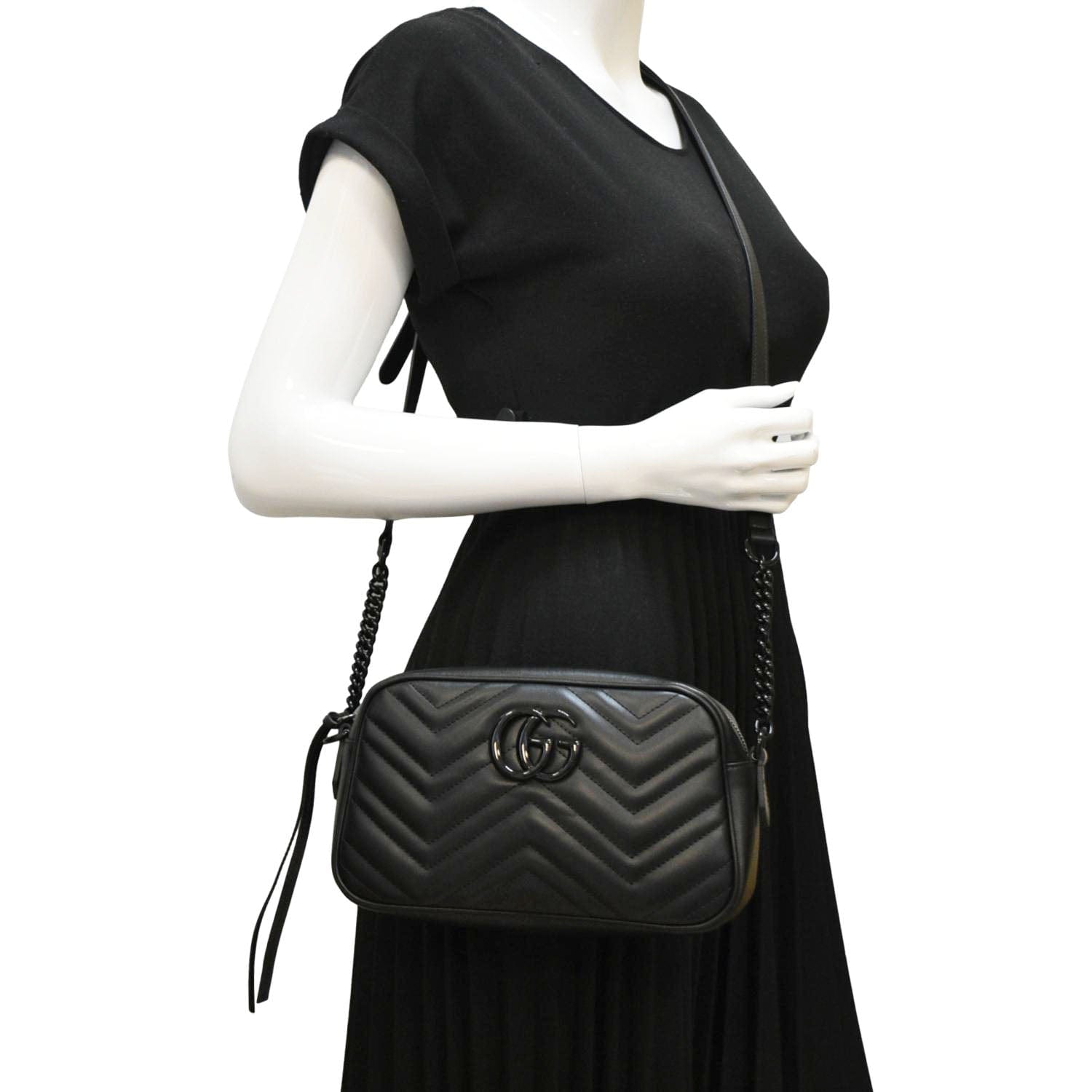 GUCCI GG Marmont Matelasse Chevron Leather Camera Crossbody Bag Black 447632