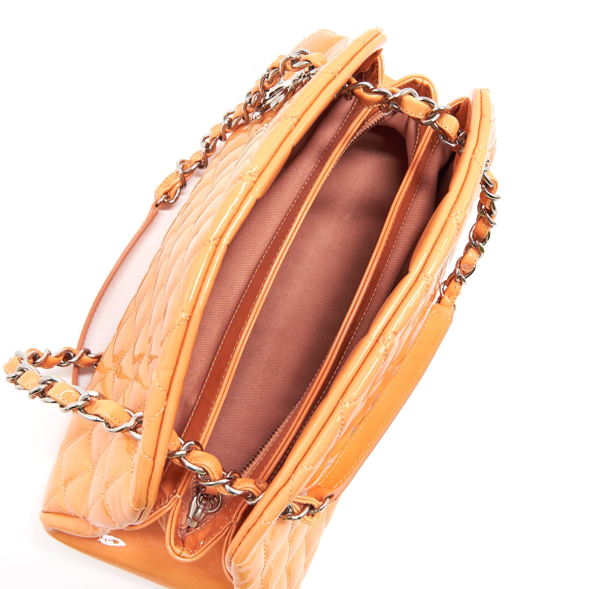 CHANEL Just Mademoiselle Patent Bowling Bag Orange Pink
