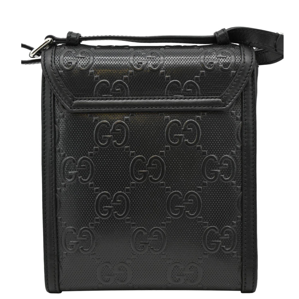 GUCCI GG Embossed Leather Messenger Bag Black 625782