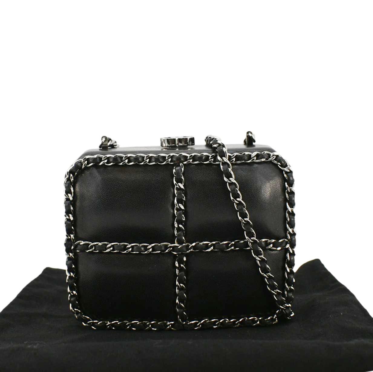 CHANEL Minaudiere Lambskin Leather Chain Clutch Crossbody Black