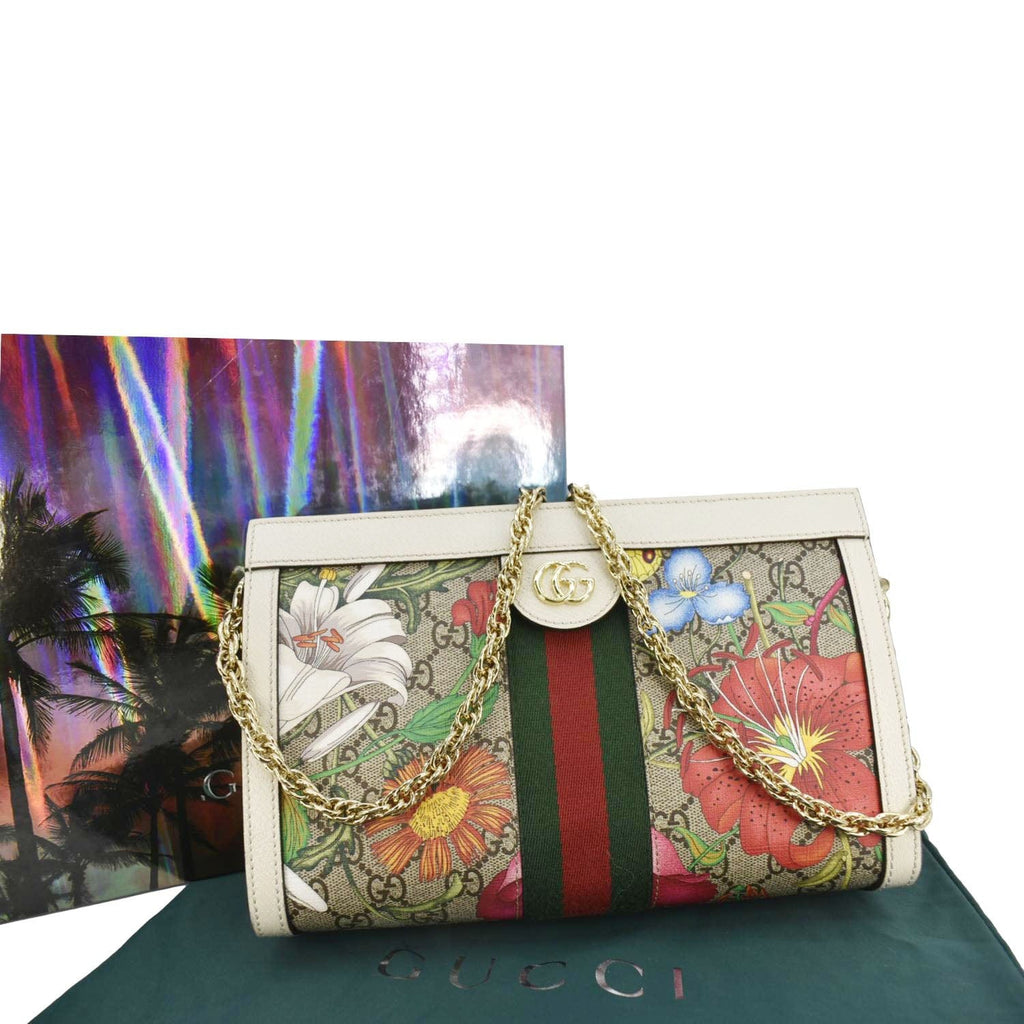GUCCI Ophidia Web Small GG Floral Canvas Chain Shoulder Bag Beige