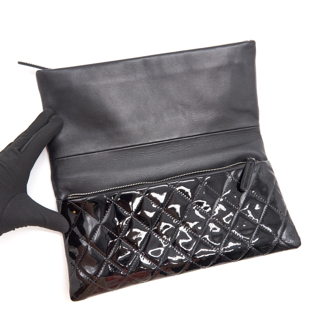 Chanel Patent Leather Fold Over Clutch Black