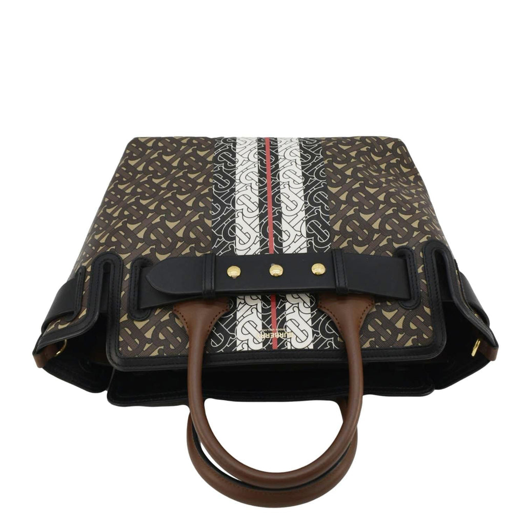 BURBERRY Belted Small Monogram Stripe E-Canvas Tote Shoulder Bag Brown