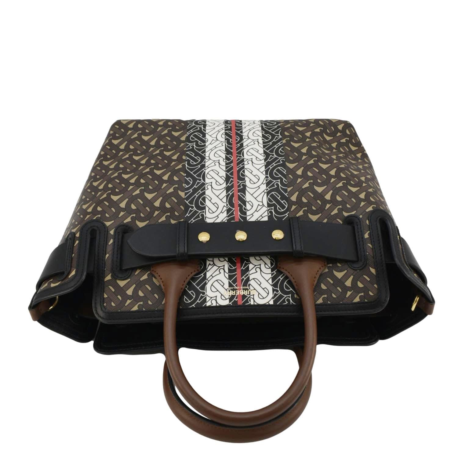 BURBERRY Belted Small Monogram Stripe E-Canvas Tote Shoulder Bag Brown