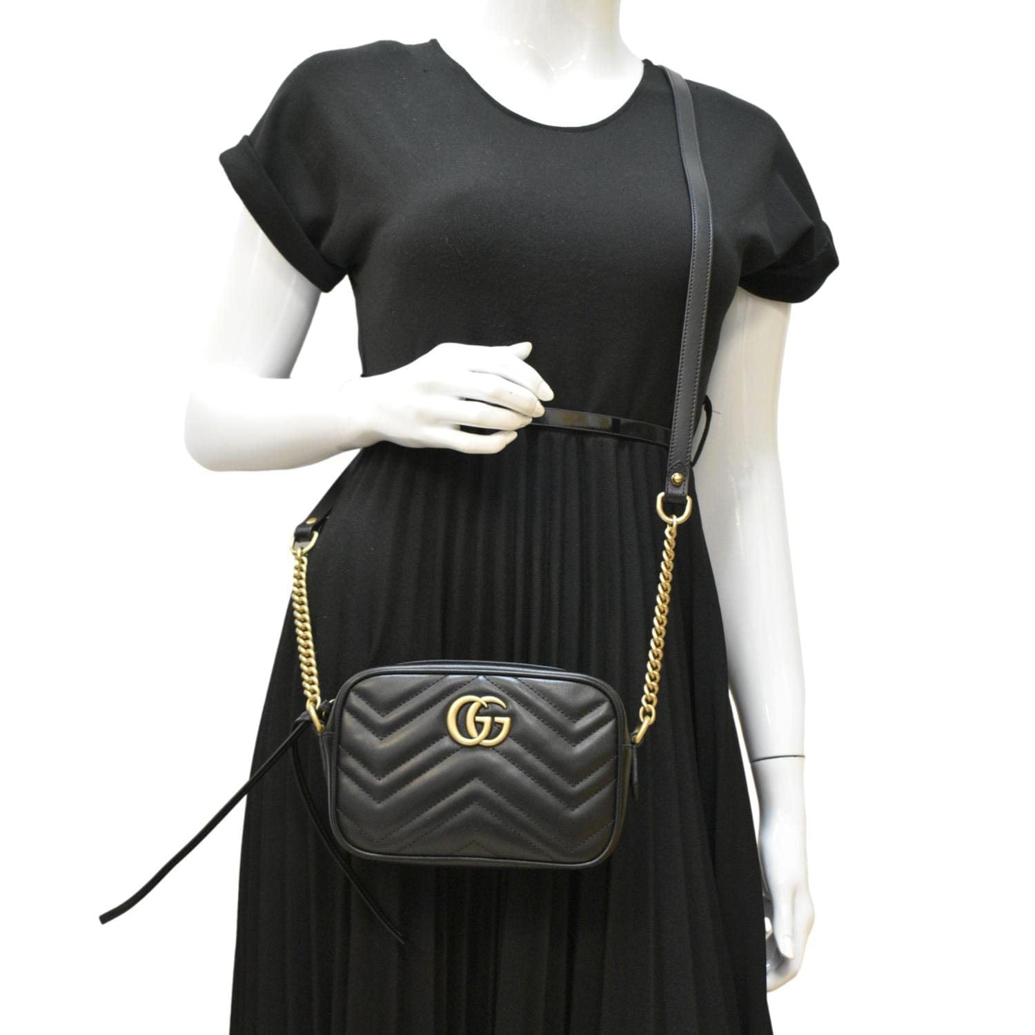 GUCCI GG Marmont Mini Calfskin Matelasse Crossbody Camera Bag Black 634785