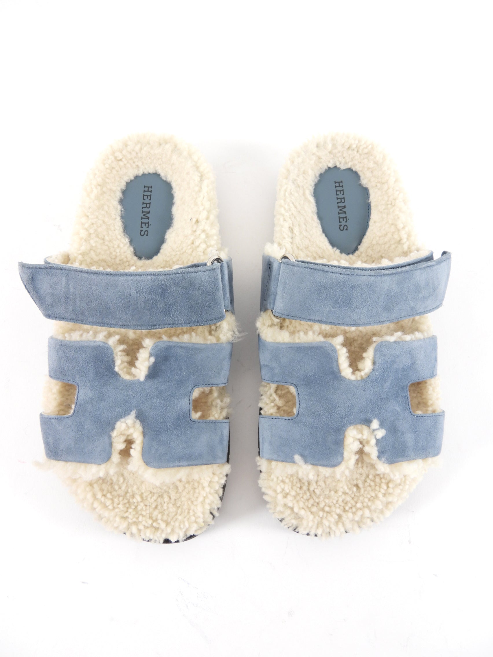 Hermes Blue Suede Shearling Chypre Slide Sandals - 36.5