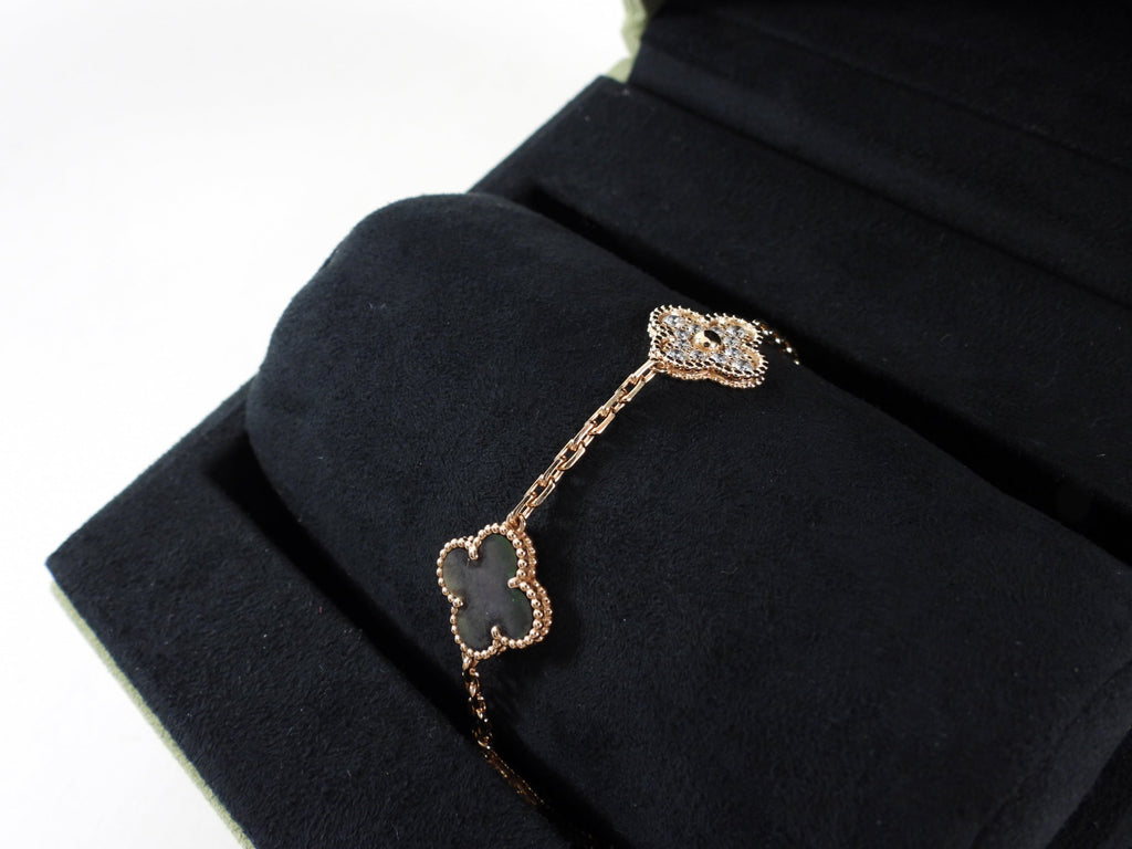 Van Cleef & Arpels 18k Rose Gold 5 Motif Alhambra MOP Diamond Bracelet