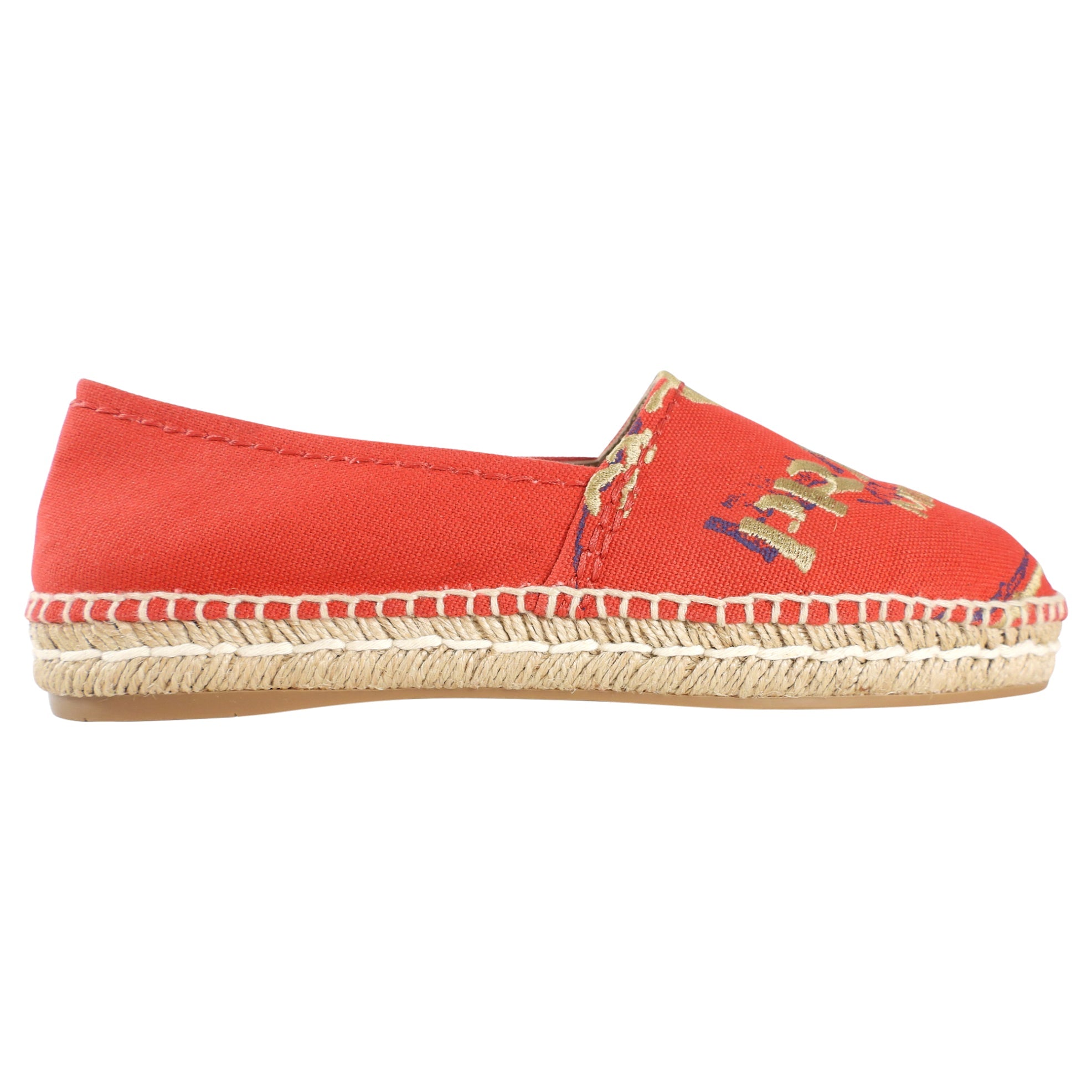 Prada Red Canvas and Gold Embroidered Logo Espadrille Flats - 37.5 / 7.5