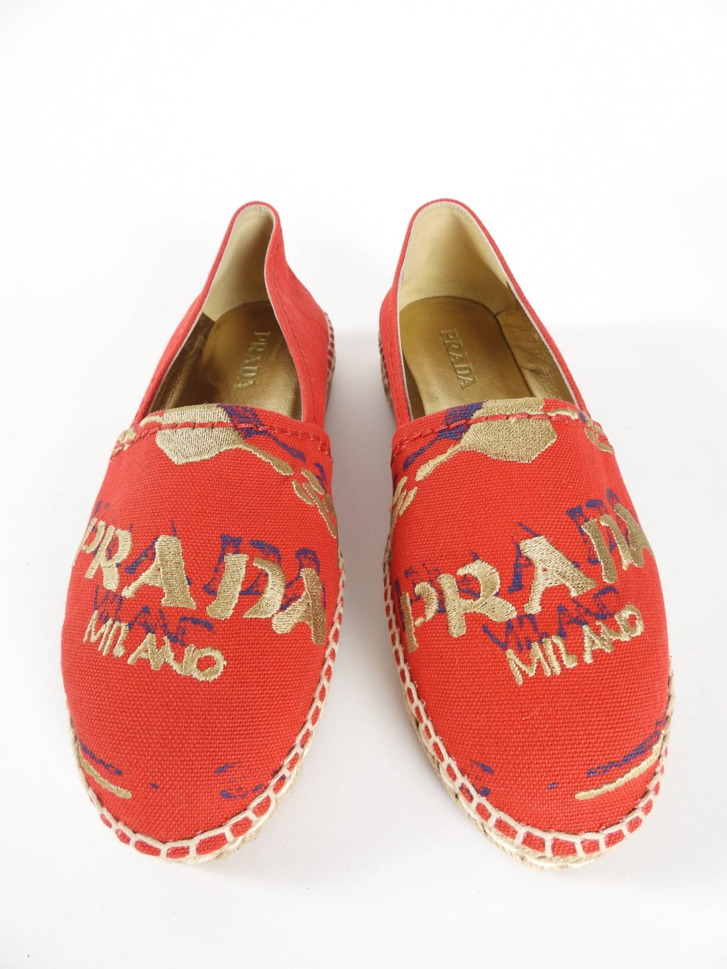 Prada Red Canvas and Gold Embroidered Logo Espadrille Flats - 37.5 / 7.5