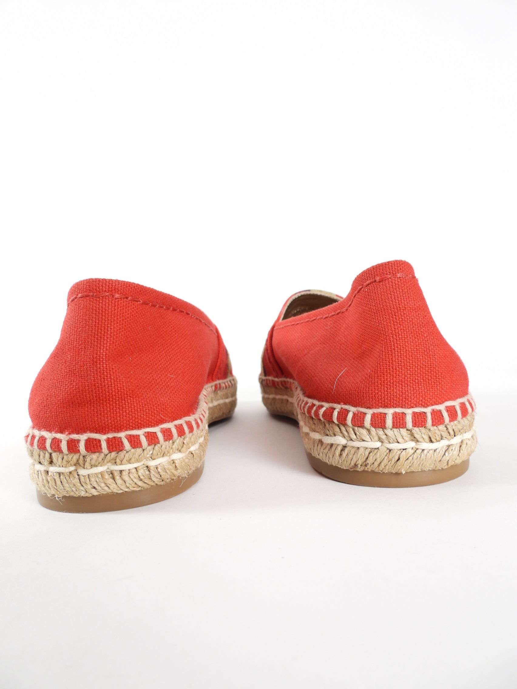 Prada Red Canvas and Gold Embroidered Logo Espadrille Flats - 37.5 / 7.5