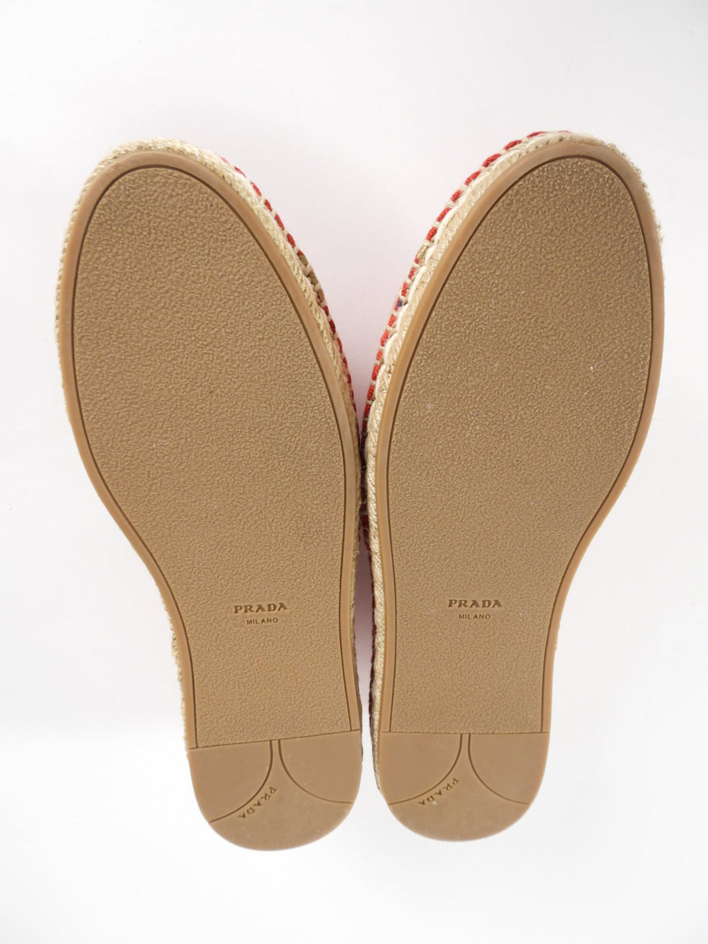 Prada Red Canvas and Gold Embroidered Logo Espadrille Flats - 37.5 / 7.5