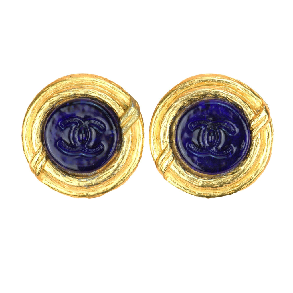 Chanel Vintage Blue Gripoix CC Button Motif Clip-on Earrings