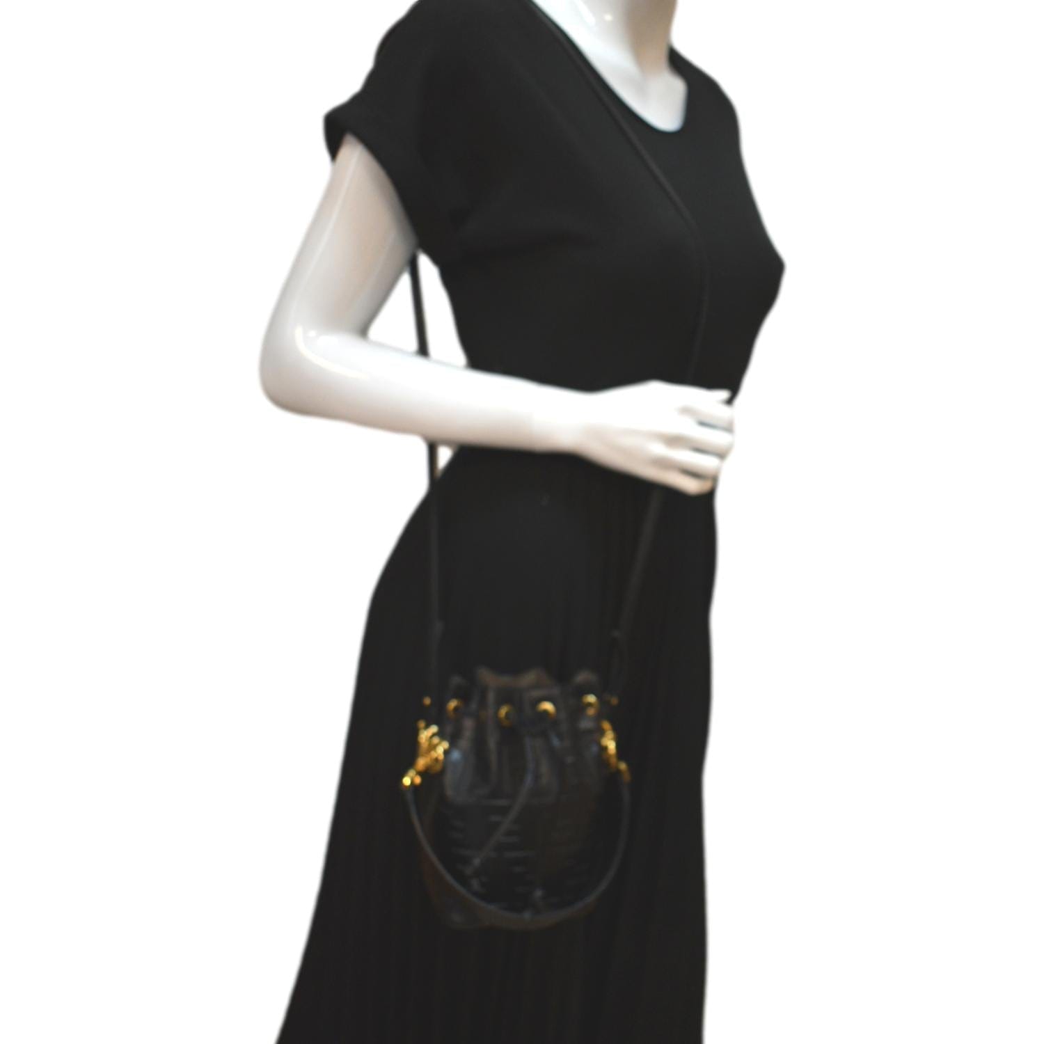 FENDI Mon Tresor Drawstring FF Leather Bucket Bag Black