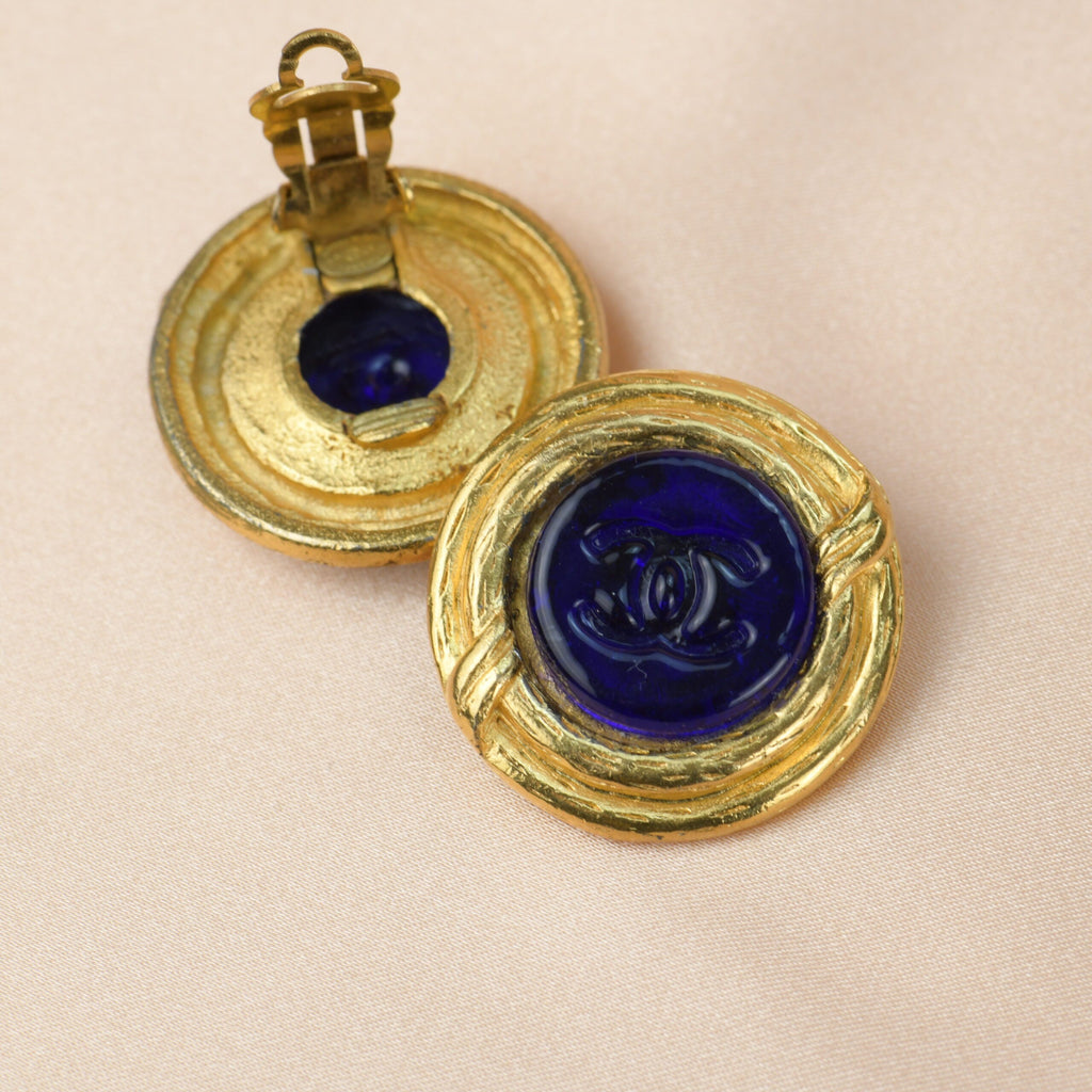 Chanel Vintage Blue Gripoix CC Button Motif Clip-on Earrings