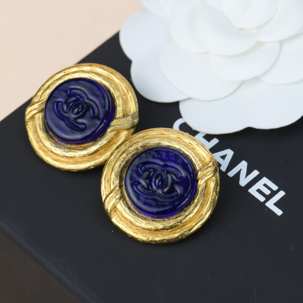 Chanel Vintage Blue Gripoix CC Button Motif Clip-on Earrings