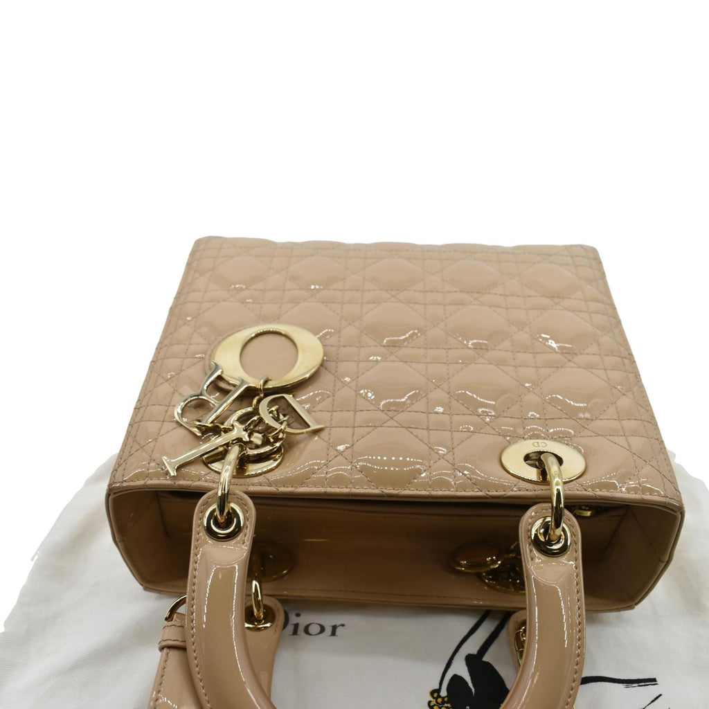 CHRISTIAN DIOR Medium Lady Dior Cannage Patent Leather Shoulder Bag Tan