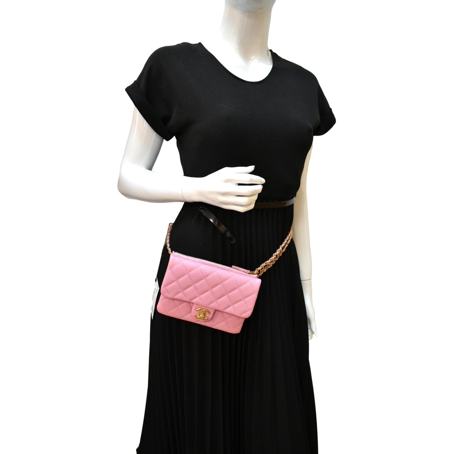 CHANEL Shiny Pick Me Up Flap Caviar Leather Belt Bag Pink