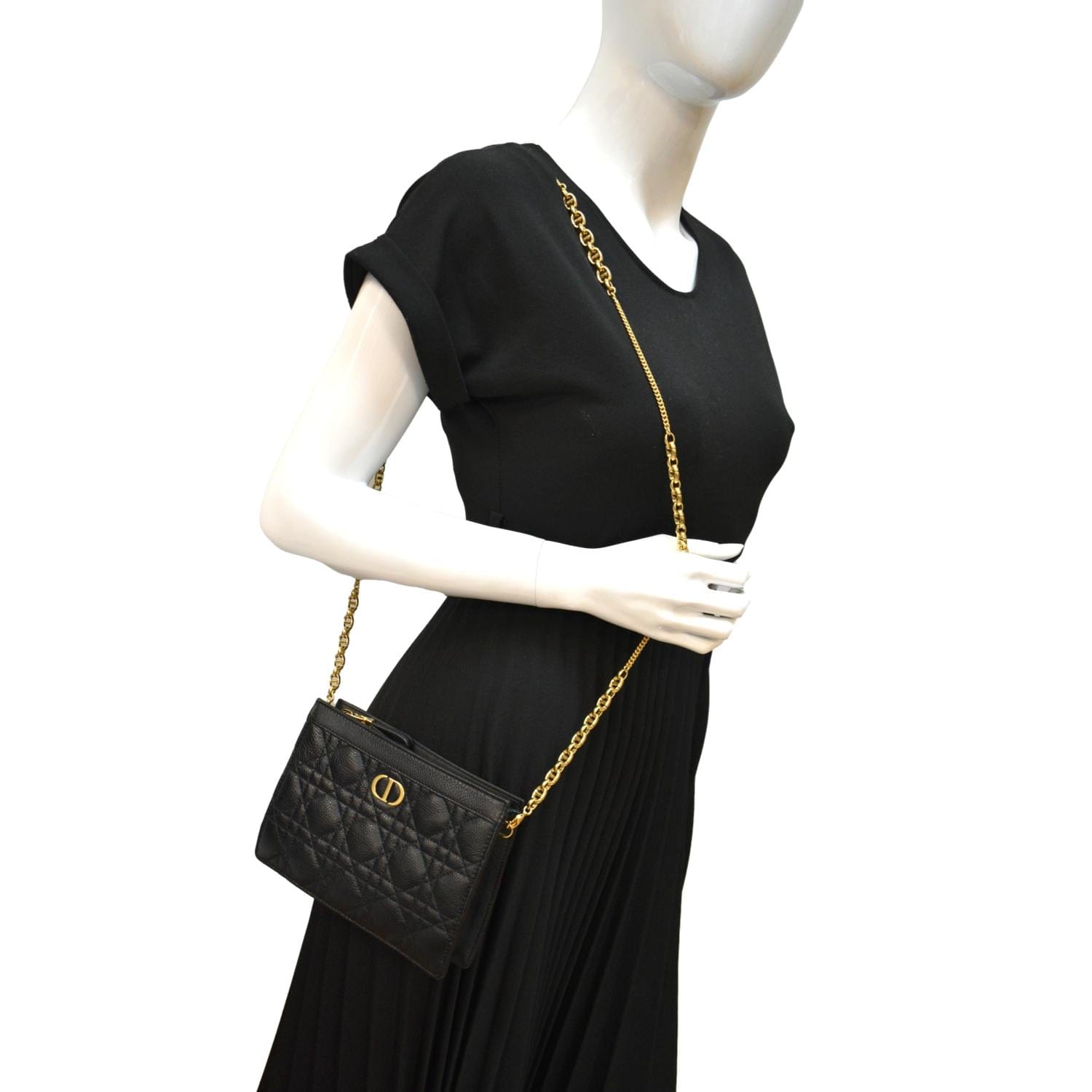 CHRISTIAN DIOR Caro Cannage Calfskin Zipped Pouch Black