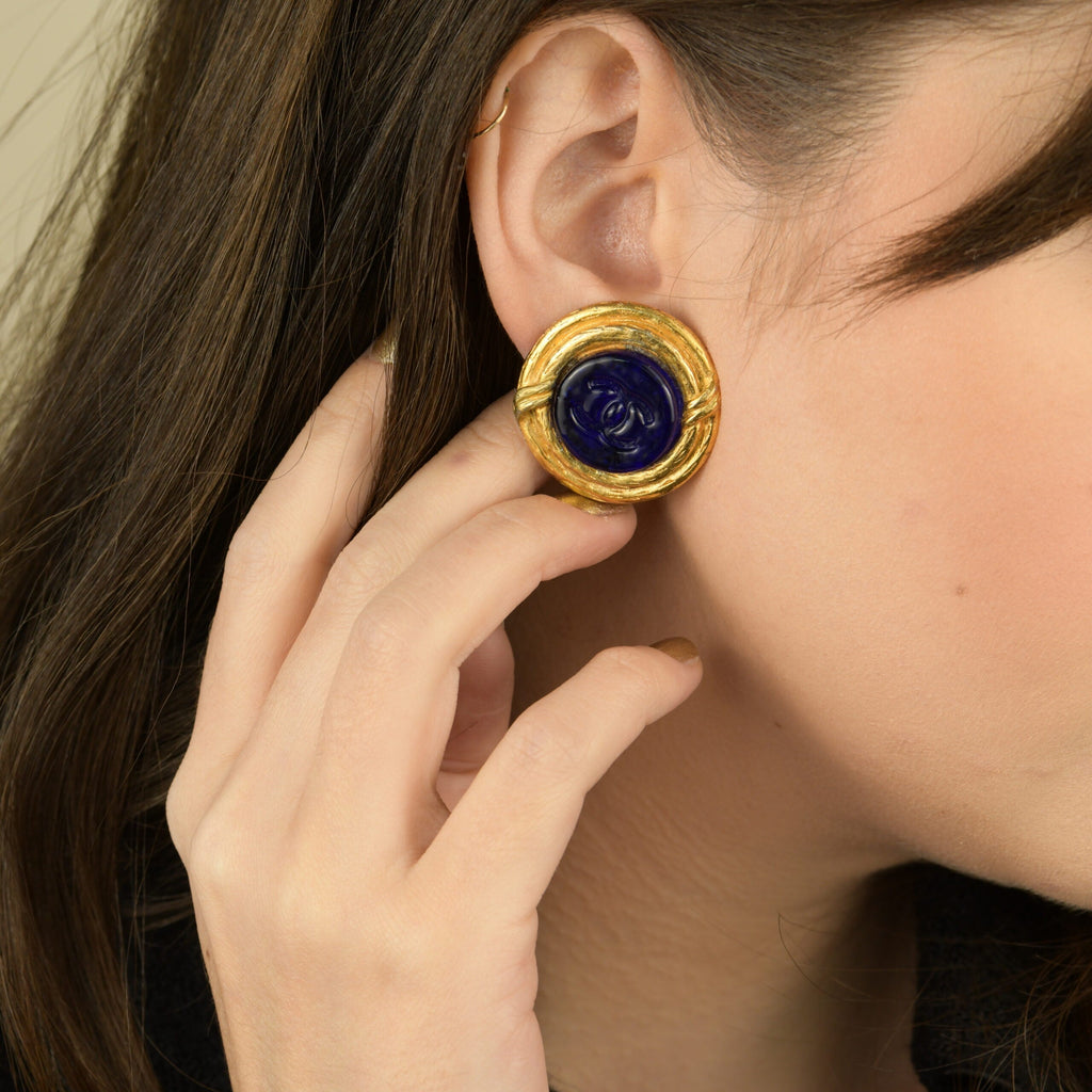 Chanel Vintage Blue Gripoix CC Button Motif Clip-on Earrings