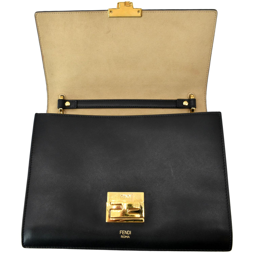 FENDI Kan I FF Logo Embossed Leather Crossbody Bag Brown