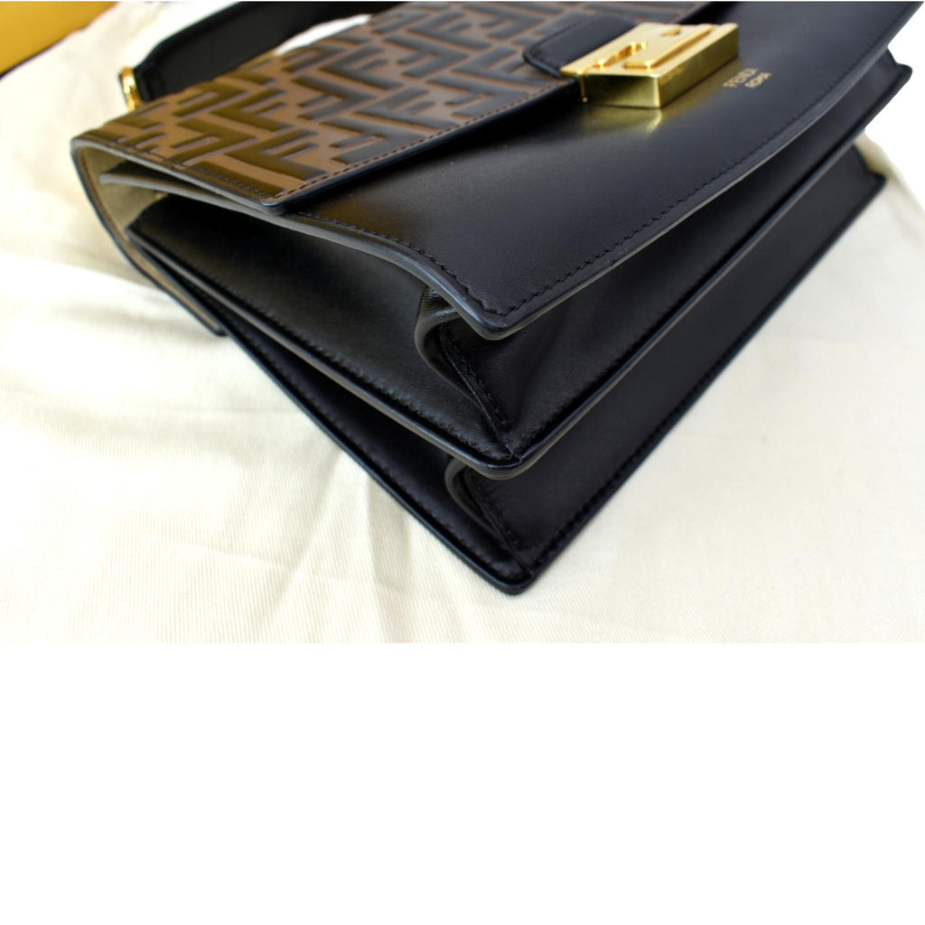 FENDI Kan I FF Logo Embossed Leather Crossbody Bag Brown
