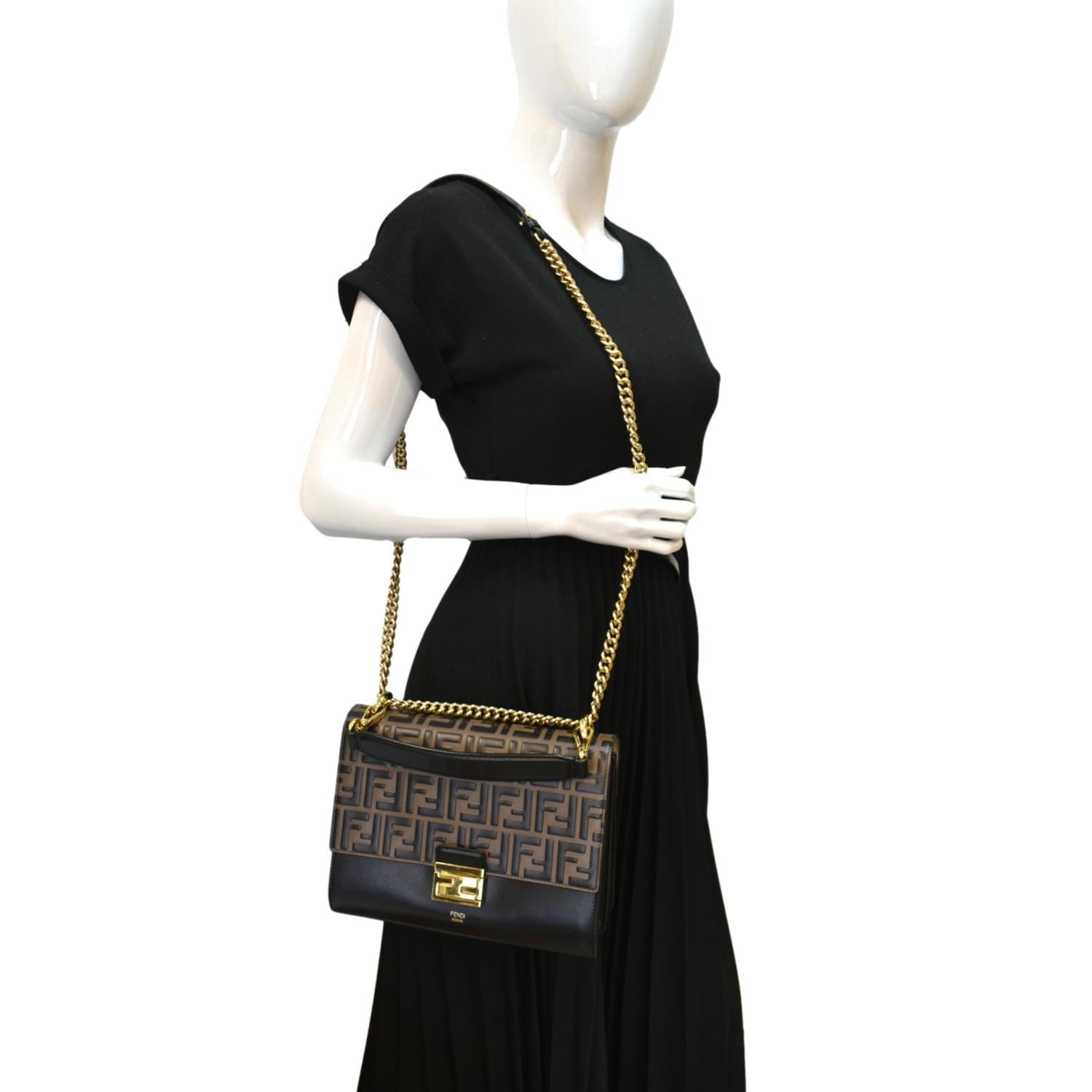 FENDI Kan I FF Logo Embossed Leather Crossbody Bag Brown
