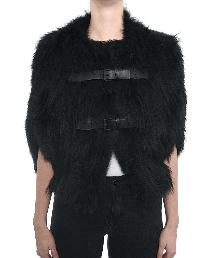J. Mendel Black Fur Cape Jacket with Leather Buckles