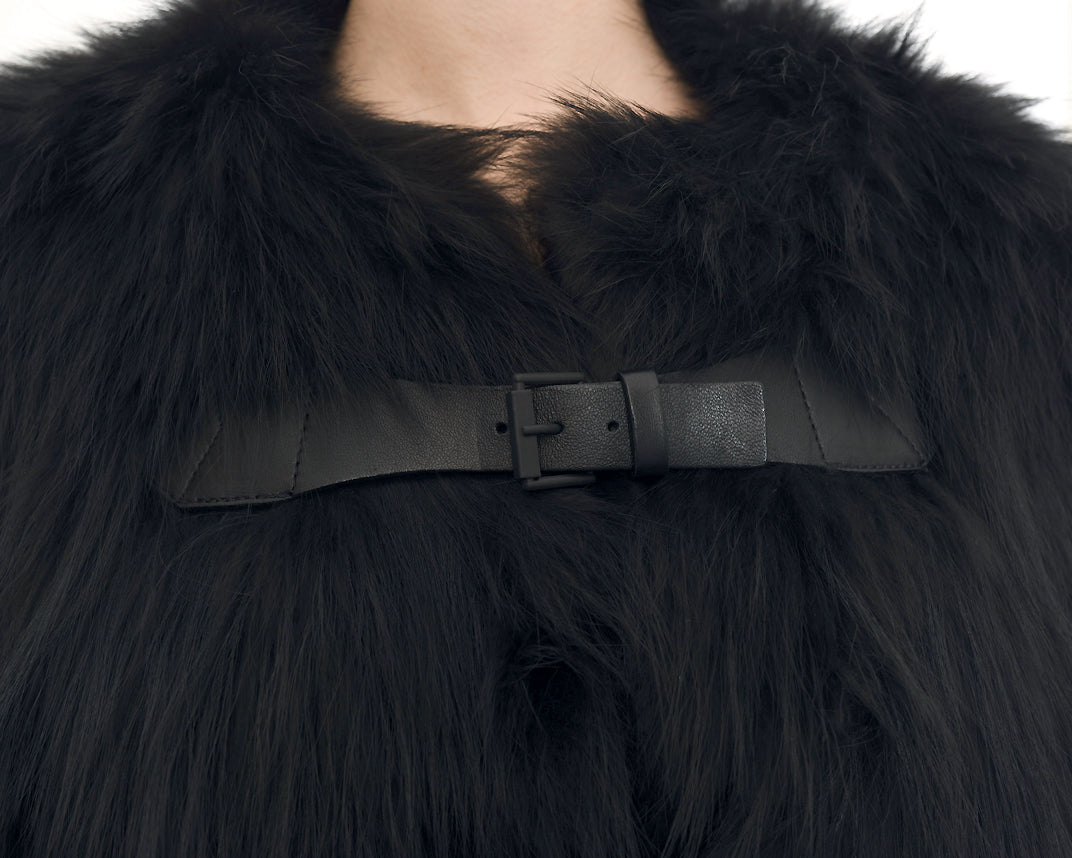 J. Mendel Black Fur Cape Jacket with Leather Buckles