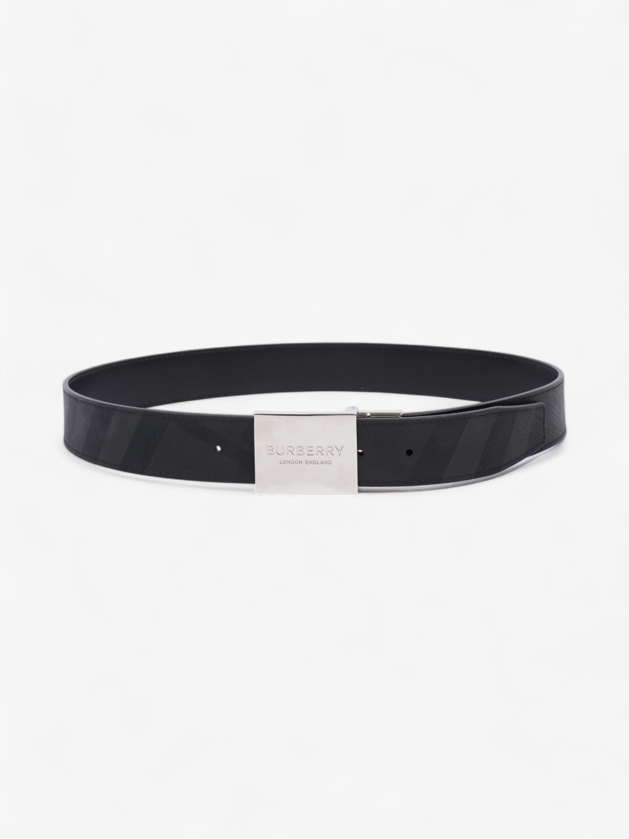 Burberry Reversible Plaque Belt Black / Silver Coated Canvas 85cm / 34"