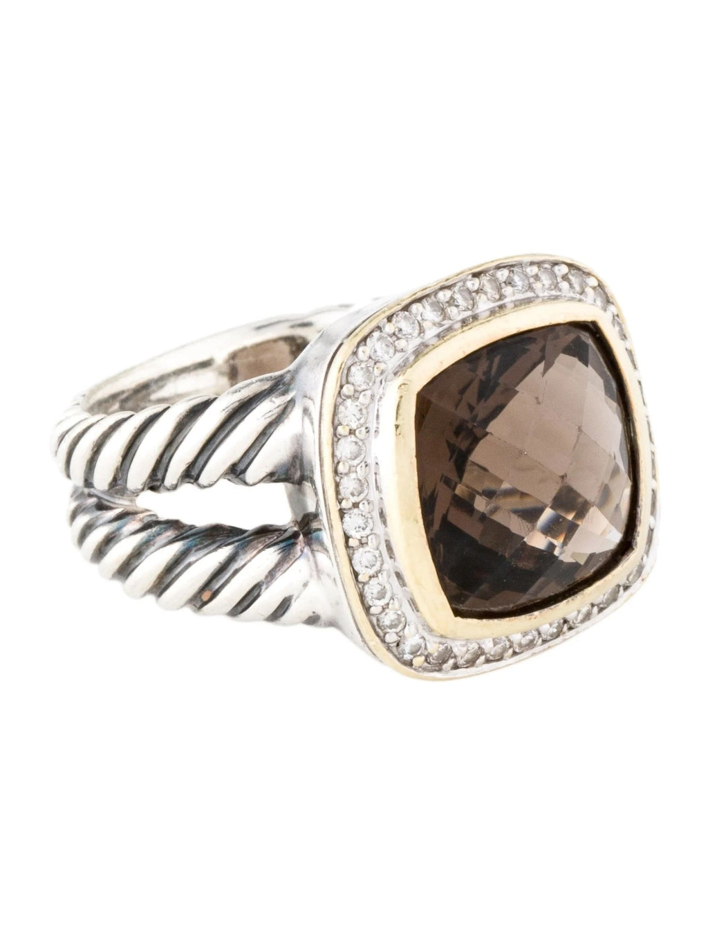 DY STERLING SILVER 18K GOLD SMOKY QUARTZ & DIAMOND ALBION RING